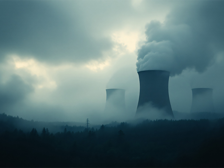 Cooling towers releasing steam beneath a cloudy sky.
