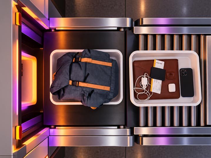 Airport security scanner with luggage and personal belongings in trays passing through an X-ray screening conveyor.
