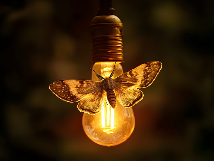 Moth with outstretched wings resting on a glowing warm light bulb against a dark, blurred background.