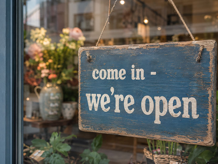 Rustic Come in - we're open sign hanging in a shop window.